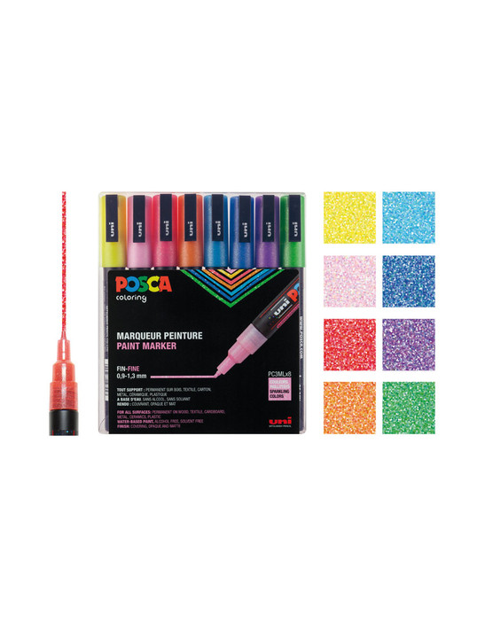 Marqueur peinture POSCA, Pack, Lot de 8 Paillettes PC-3M - Pochette