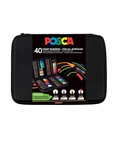 Marqueur peinture POSCA Mallette - 40 marqueurs Pointes Extra-Fines PC1MC / Fines PC3M / Moyennes PC5M / Biseautées PC8K