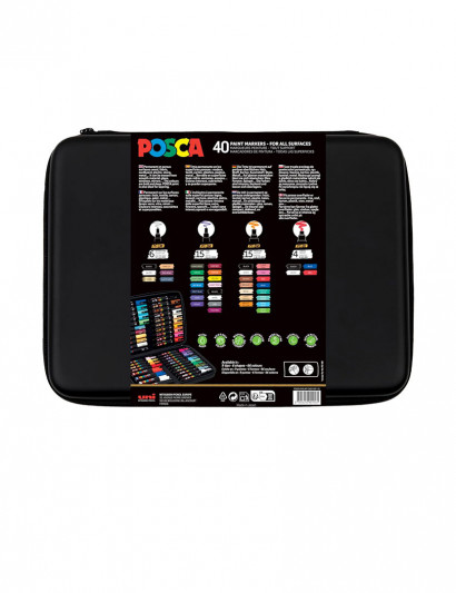 Marqueur peinture POSCA Mallette - 40 marqueurs Pointes Extra-Fines PC1MC / Fines PC3M / Moyennes PC5M / Biseautées PC8K