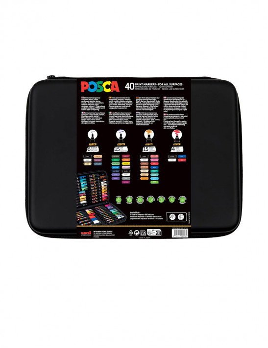 Marqueur peinture POSCA Mallette - 40 marqueurs Pointes Extra-Fines PC1MC / Fines PC3M / Moyennes PC5M / Biseautées PC8K