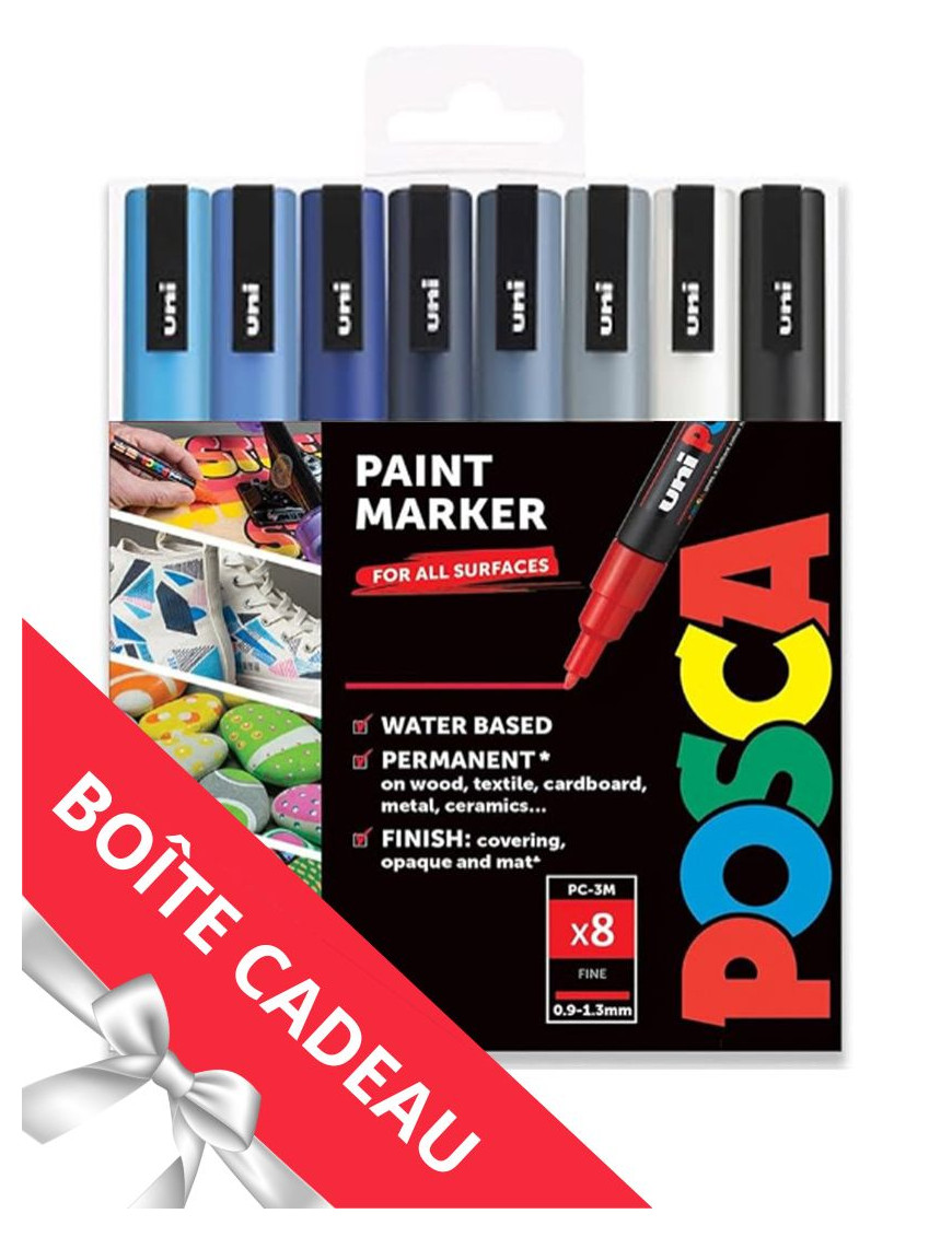 lot de 8 posca pc-3m couleurs tons froid avec une pastille boite cadeau offerte