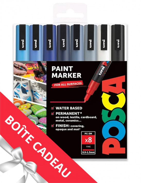 lot de 8 posca pc-3m couleurs tons froid avec une pastille boite cadeau offerte