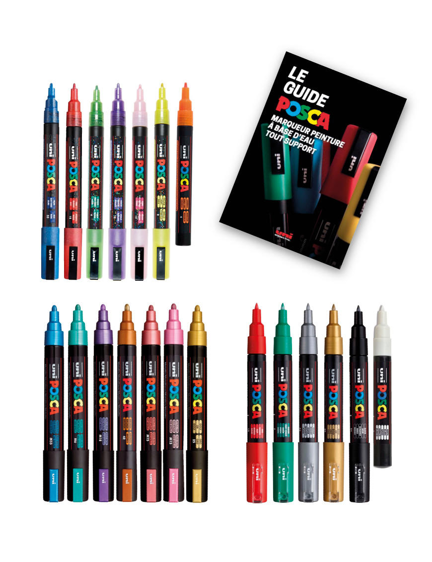 tout les marqueurs peinture posca du pack festif avec le guide posca offert