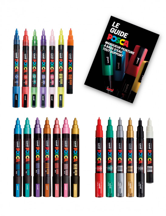 tout les marqueurs peinture posca du pack festif avec le guide posca offert